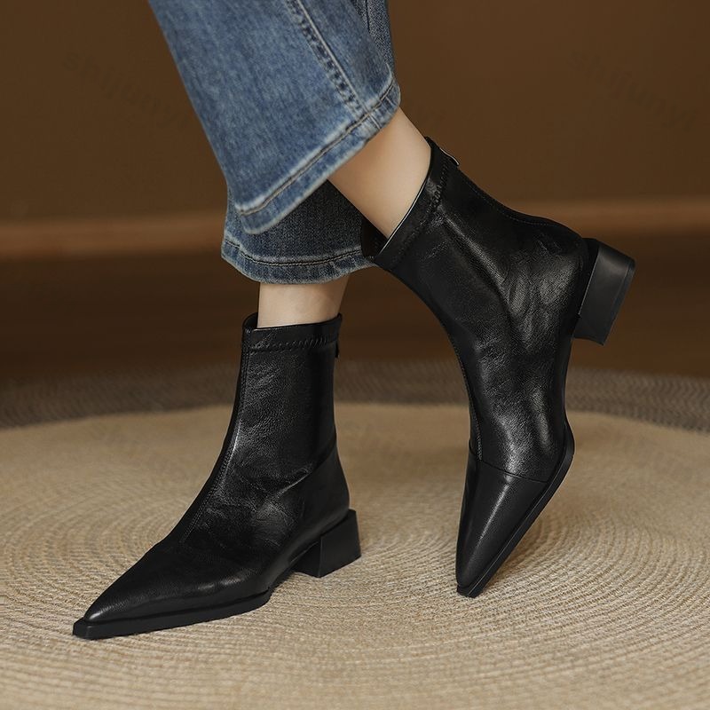 Women'S Fashion Korea - Bottines courtes pointues pour femmes, rétro,