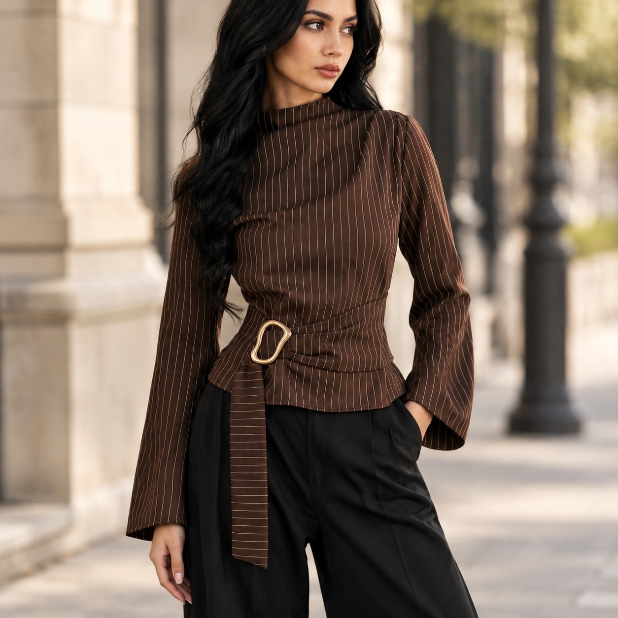 Women Fashion Necktie - Haut à manches bouffantes, taille ajustée,